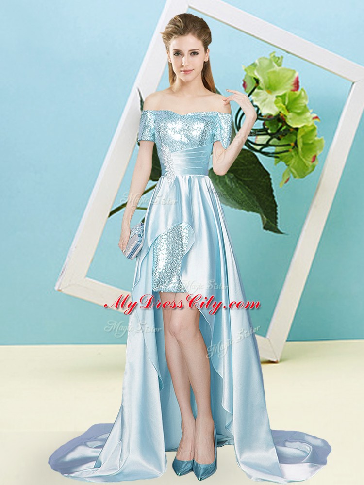 Off The Shoulder Short Sleeves Elastic Woven Satin and Sequined Dress for Prom Sequins Lace Up