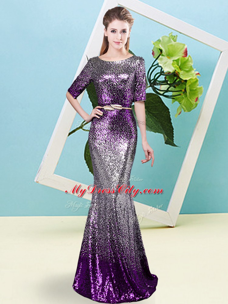 Extravagant Multi-color Half Sleeves Sequins and Belt Floor Length
