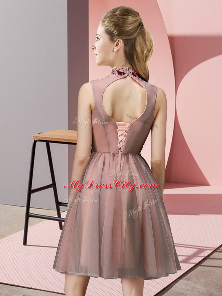 Noble Peach Empire Appliques Bridesmaid Dresses Lace Up Tulle Sleeveless Knee Length