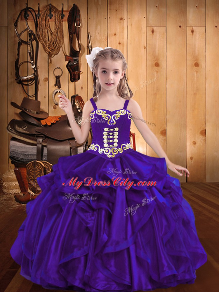 Beautiful Straps Sleeveless Lace Up Kids Pageant Dress Purple Organza
