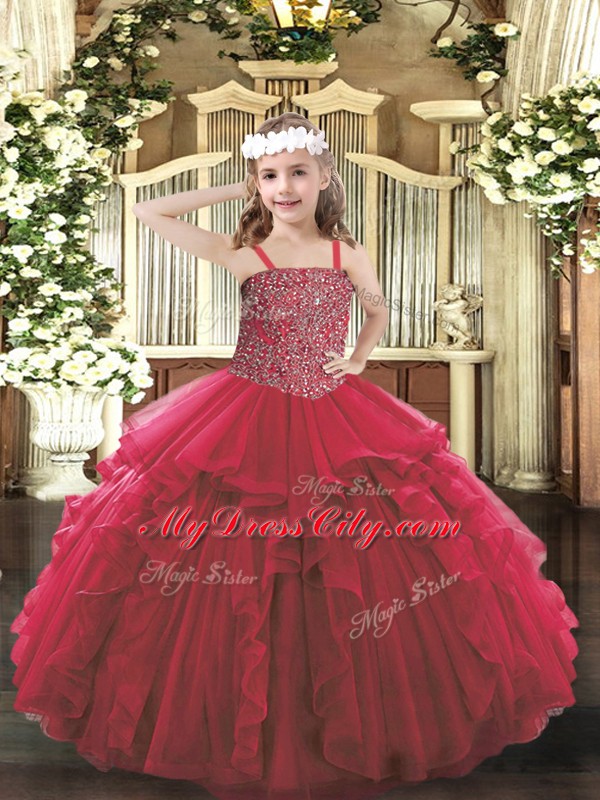 Red Ball Gowns Beading and Ruffles Pageant Dresses Lace Up Tulle Sleeveless Floor Length