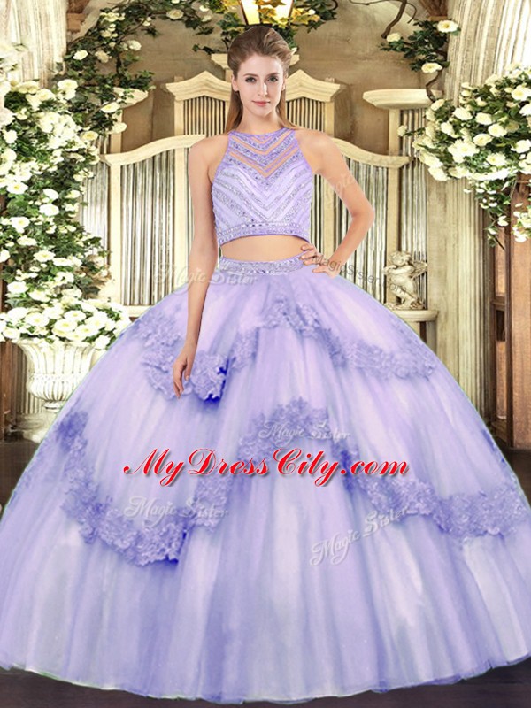 Floor Length Zipper 15th Birthday Dress Lavender for Military Ball and Sweet 16 and Quinceanera with Beading and Appliques