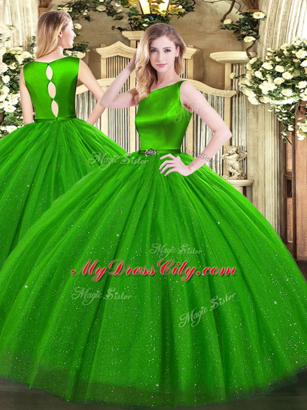 High End Ball Gowns 15th Birthday Dress Green Scoop Tulle Sleeveless Floor Length Clasp Handle