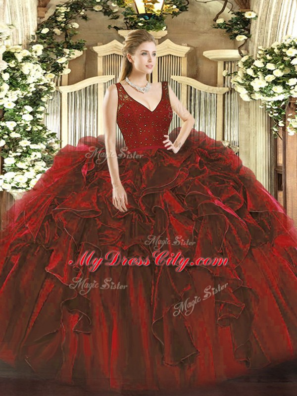 Wine Red Zipper Quinceanera Gowns Beading and Ruffles Sleeveless Floor Length