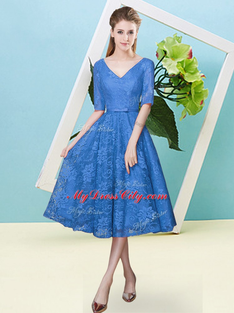 Blue Lace Lace Up V-neck Half Sleeves Tea Length Dama Dress for Quinceanera Bowknot