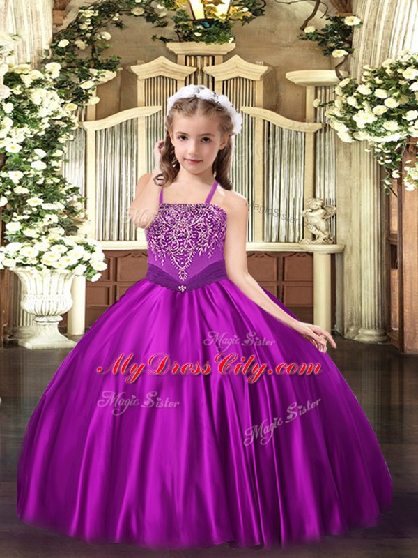 New Arrival Beading Girls Pageant Dresses Fuchsia Lace Up Sleeveless Floor Length