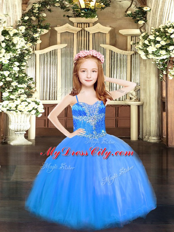 Blue Lace Up Spaghetti Straps Beading Pageant Gowns For Girls Tulle Sleeveless