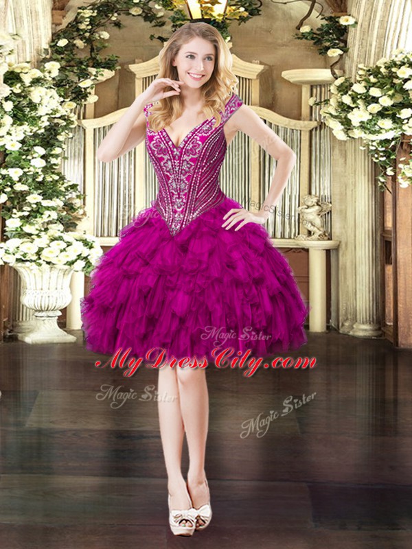 Amazing V-neck Sleeveless Organza Prom Gown Beading and Ruffles Lace Up