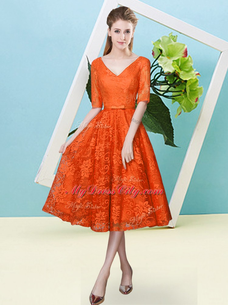 Stylish Orange Red Half Sleeves Bowknot Tea Length Quinceanera Court Dresses