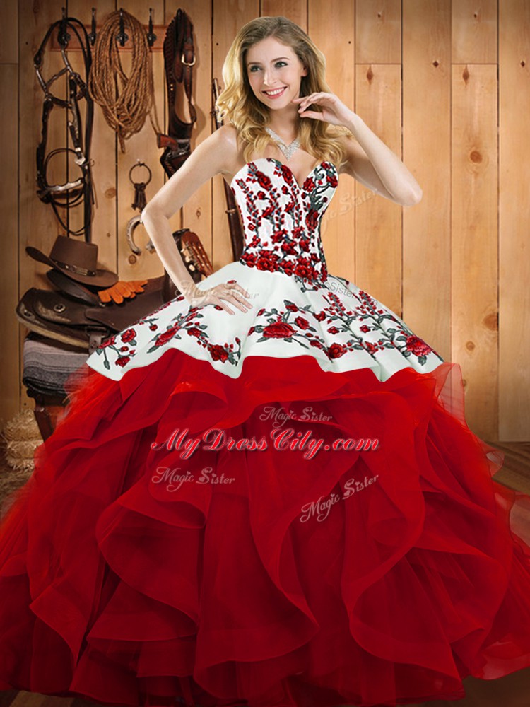 Wine Red Sweet 16 Quinceanera Dress Military Ball and Sweet 16 and Quinceanera with Embroidery and Ruffles Sweetheart Sleeveless Lace Up