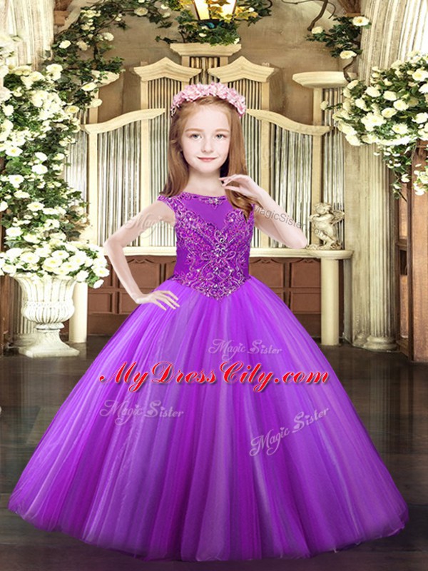 Scoop Sleeveless Little Girls Pageant Dress Floor Length Beading Lavender Tulle