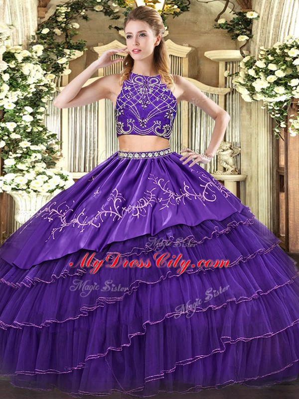 Beautiful Two Pieces Quince Ball Gowns Purple High-neck Tulle Sleeveless Floor Length Zipper
