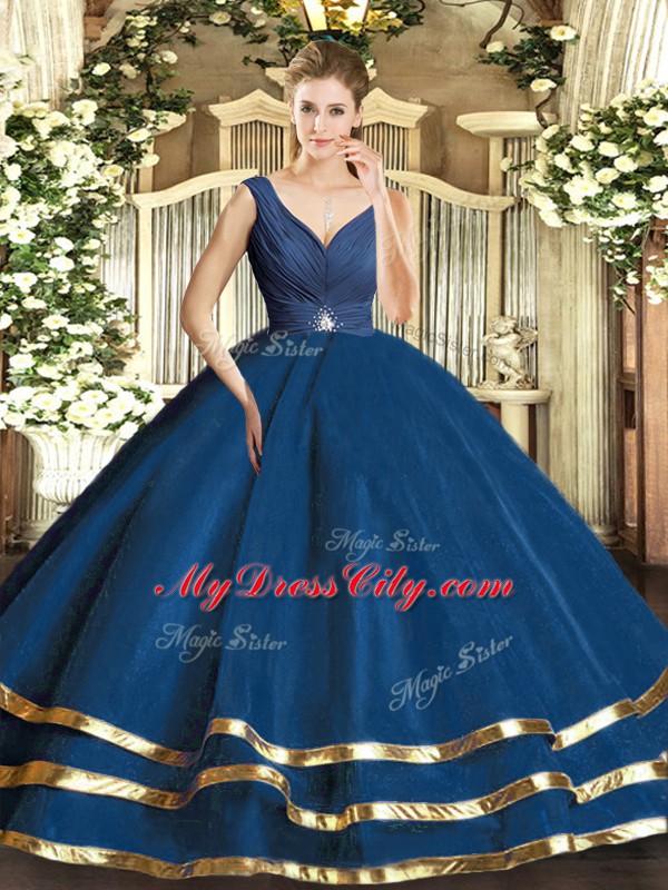 Ball Gowns Quinceanera Gown Navy Blue V-neck Tulle Sleeveless Floor Length Backless