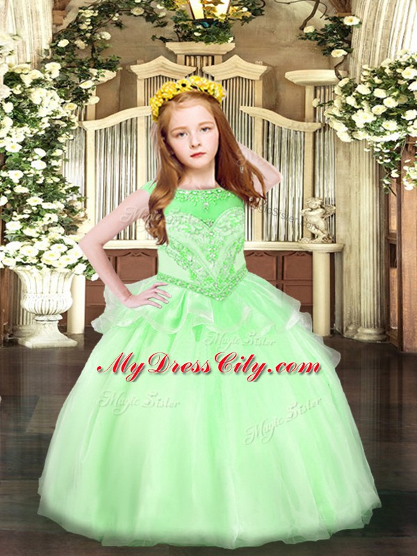 Organza Scoop Sleeveless Zipper Beading Little Girl Pageant Gowns in Apple Green