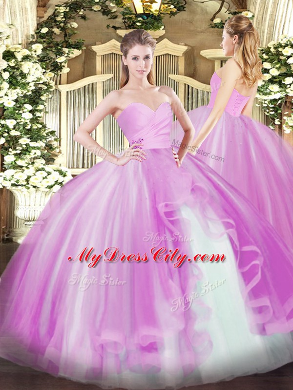 Lovely Lilac Quince Ball Gowns Military Ball and Sweet 16 and Quinceanera with Ruffles Sweetheart Sleeveless Lace Up