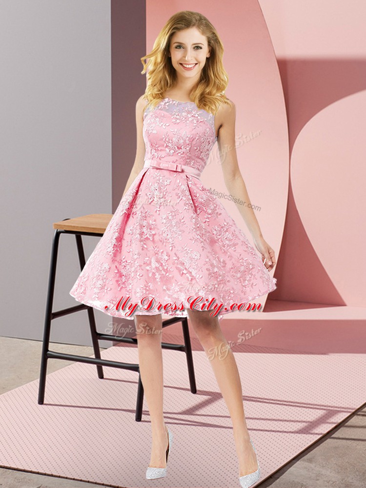Traditional Watermelon Red A-line Lace Scoop Sleeveless Bowknot Knee Length Zipper Court Dresses for Sweet 16