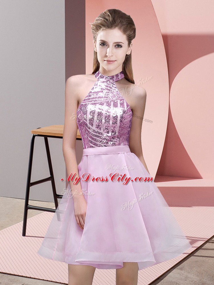 Lilac Backless Halter Top Sequins Dama Dress for Quinceanera Chiffon Sleeveless
