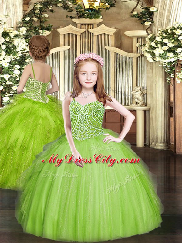 Floor Length Little Girls Pageant Gowns Spaghetti Straps Sleeveless Lace Up