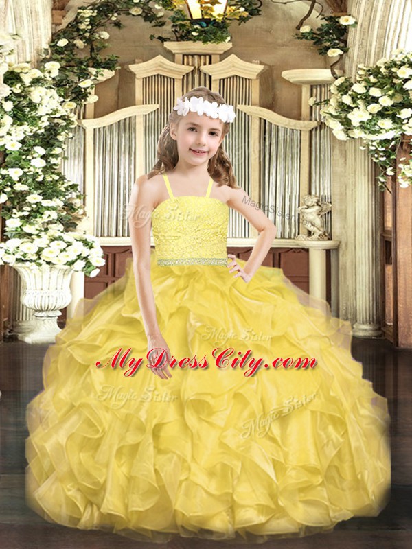 Gold Straps Neckline Beading and Lace and Ruffles Little Girls Pageant Dress Sleeveless Zipper