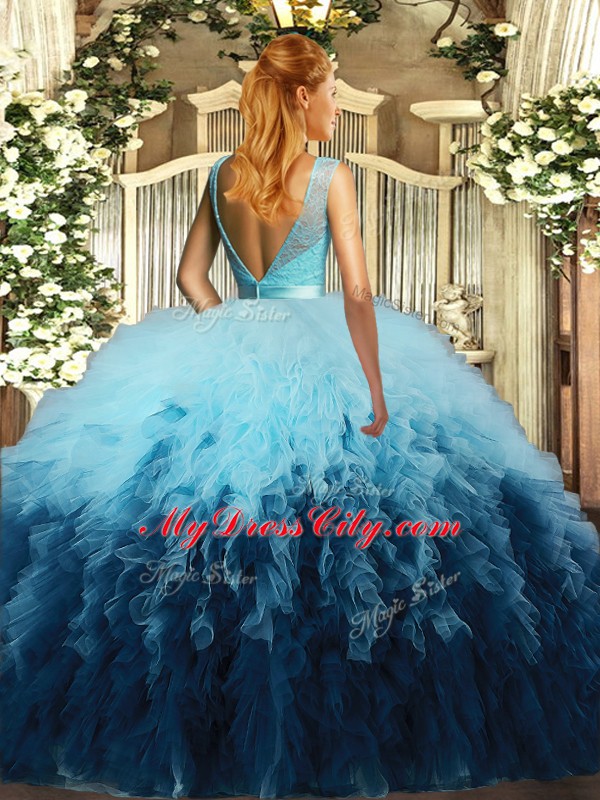 Hot Selling Multi-color Scoop Backless Ruffles Quinceanera Gowns Sleeveless