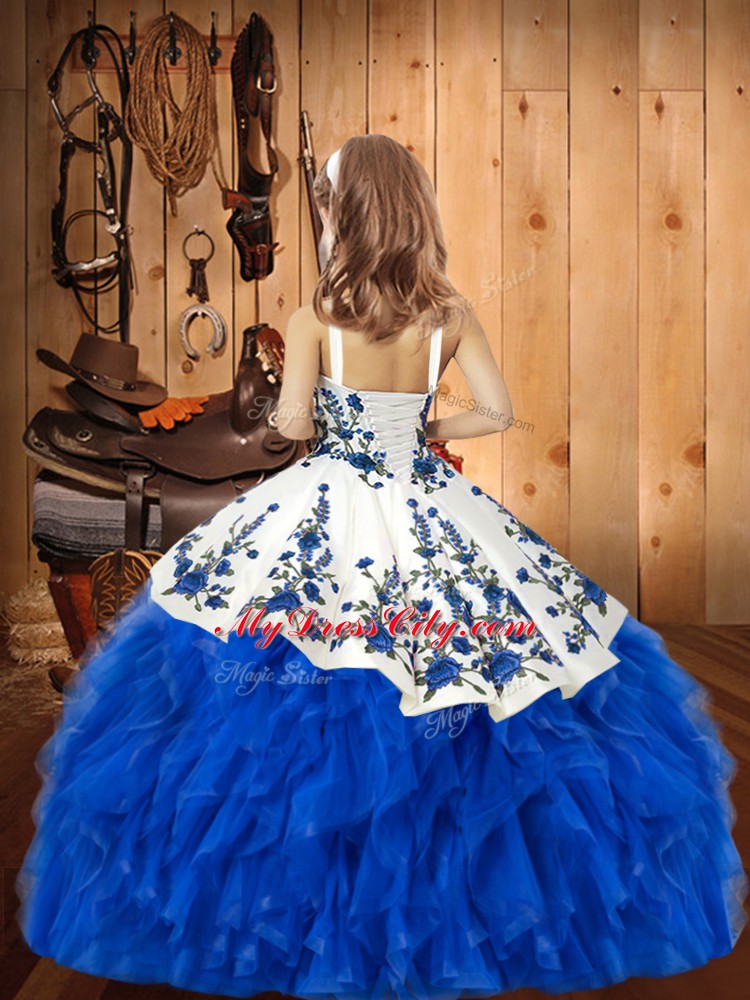 Straps Sleeveless Pageant Dress for Girls Floor Length Embroidery and Ruffles Red Organza