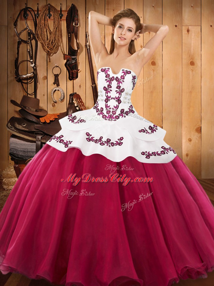 Low Price Embroidery Sweet 16 Quinceanera Dress Hot Pink Lace Up Sleeveless Floor Length