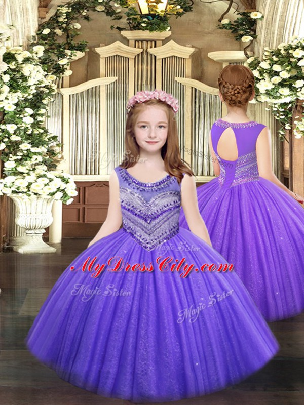 Lavender Ball Gowns Tulle Scoop Sleeveless Beading Floor Length Lace Up Pageant Dress Wholesale