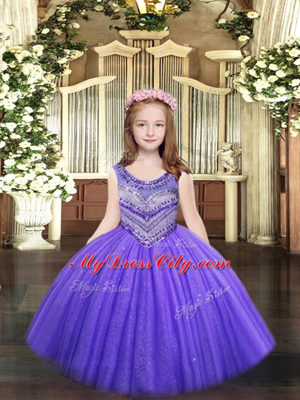 Lavender Ball Gowns Tulle Scoop Sleeveless Beading Floor Length Lace Up Pageant Dress Wholesale