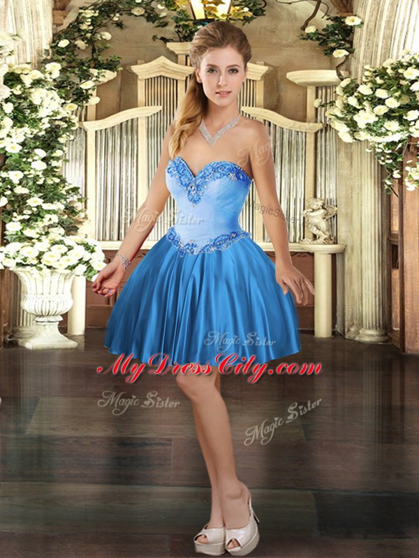 Exceptional Sweetheart Sleeveless Prom Gown Mini Length Beading Baby Blue Satin
