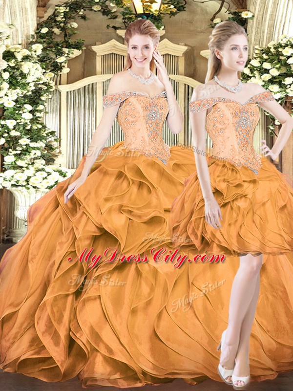 Orange Red Sleeveless Organza Lace Up Quinceanera Dresses for Military Ball and Sweet 16 and Quinceanera