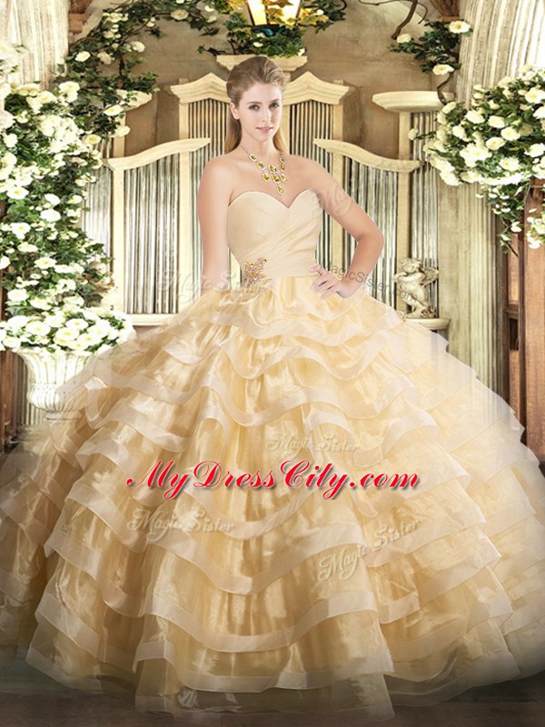 Admirable Organza Sweetheart Sleeveless Lace Up Beading and Ruffled Layers Quinceanera Dresses in Champagne