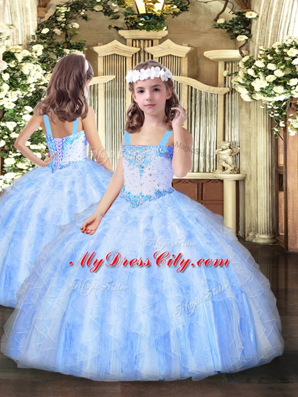 Light Blue Sleeveless Floor Length Beading and Ruffles Lace Up Little Girls Pageant Dress