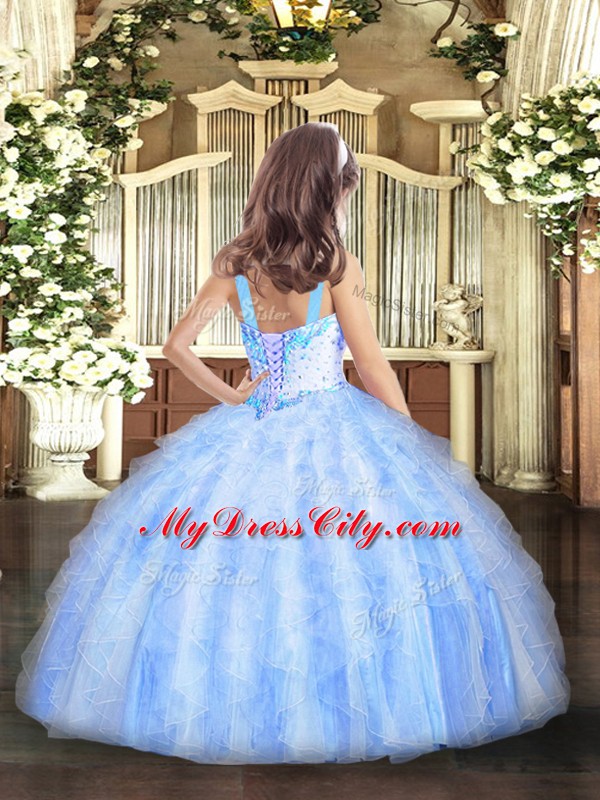 Light Blue Sleeveless Floor Length Beading and Ruffles Lace Up Little Girls Pageant Dress
