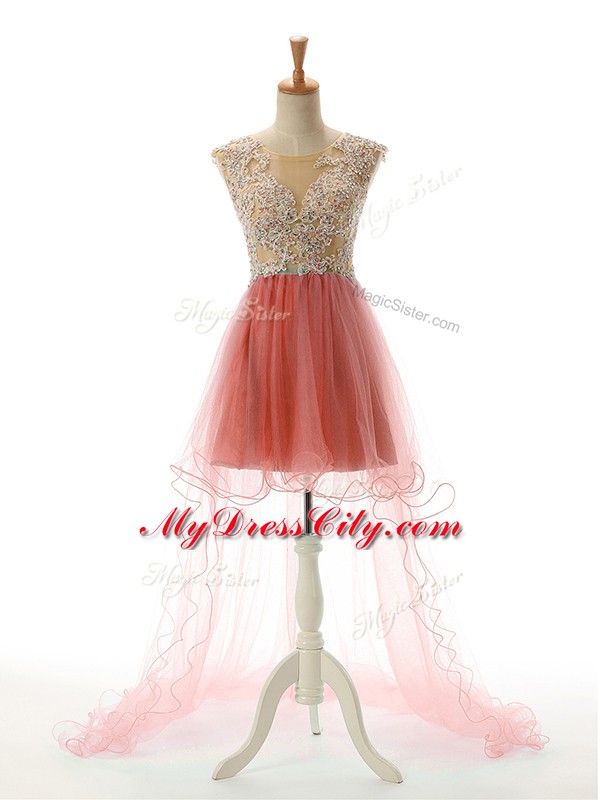 Modest Watermelon Red Sleeveless Tulle Backless Prom Gown for Prom and Party