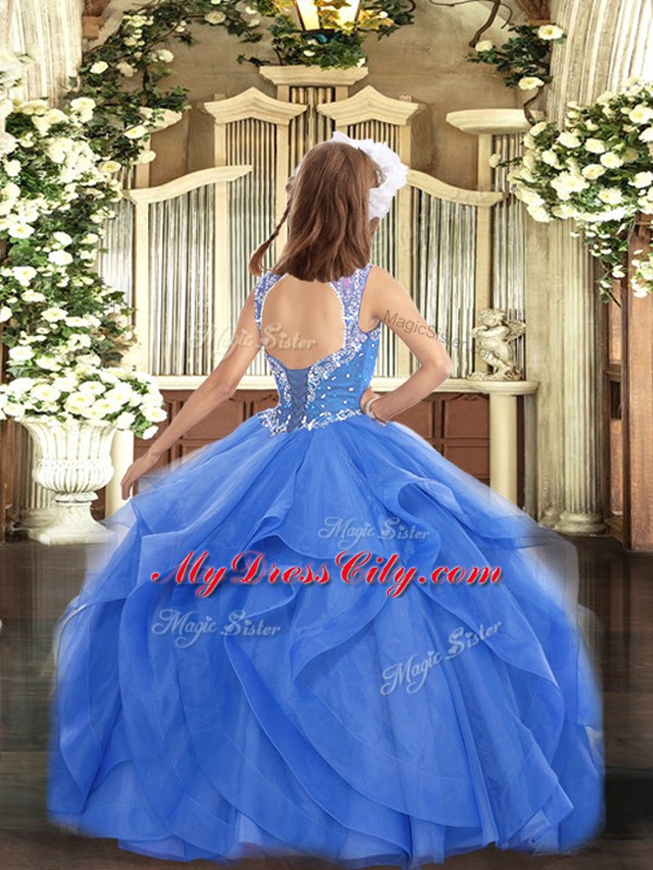 Custom Design Aqua Blue Sleeveless Beading and Ruffles Floor Length Child Pageant Dress