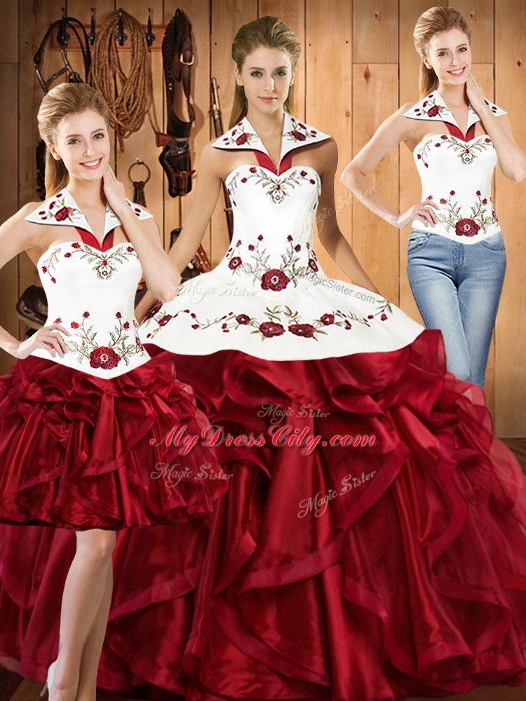 Cheap Floor Length Wine Red 15 Quinceanera Dress Organza Sleeveless Embroidery and Ruffles