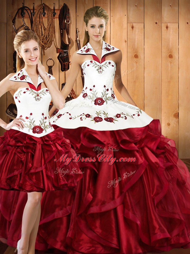 Cheap Floor Length Wine Red 15 Quinceanera Dress Organza Sleeveless Embroidery and Ruffles