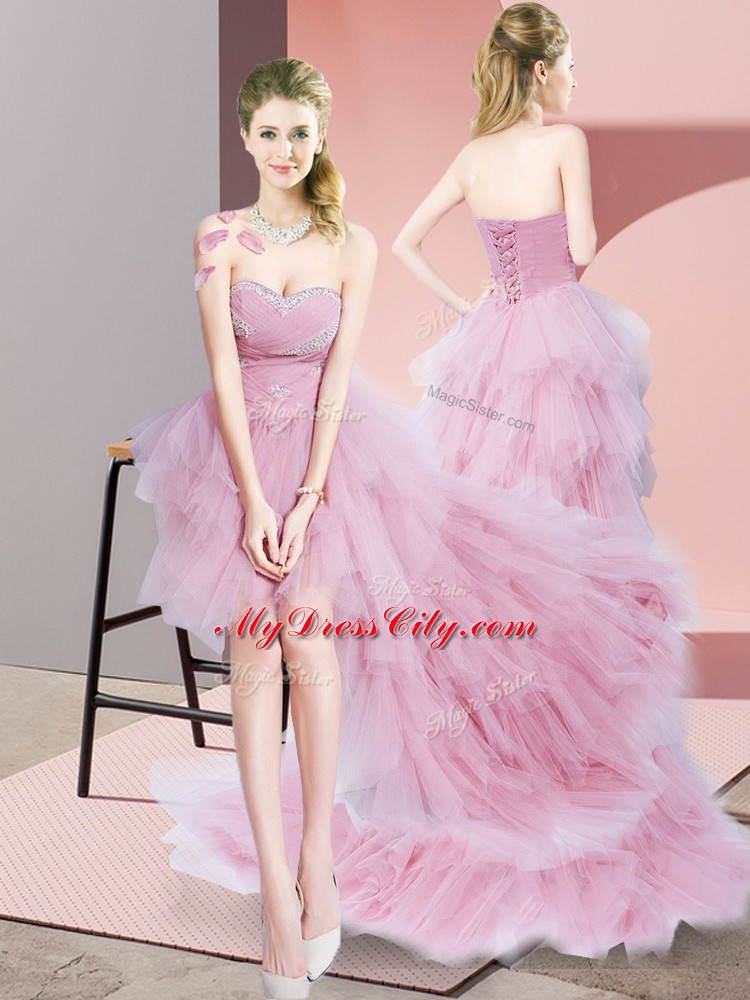Sleeveless Tulle High Low Lace Up Bridesmaid Dresses in Baby Pink with Beading and Ruffled Layers