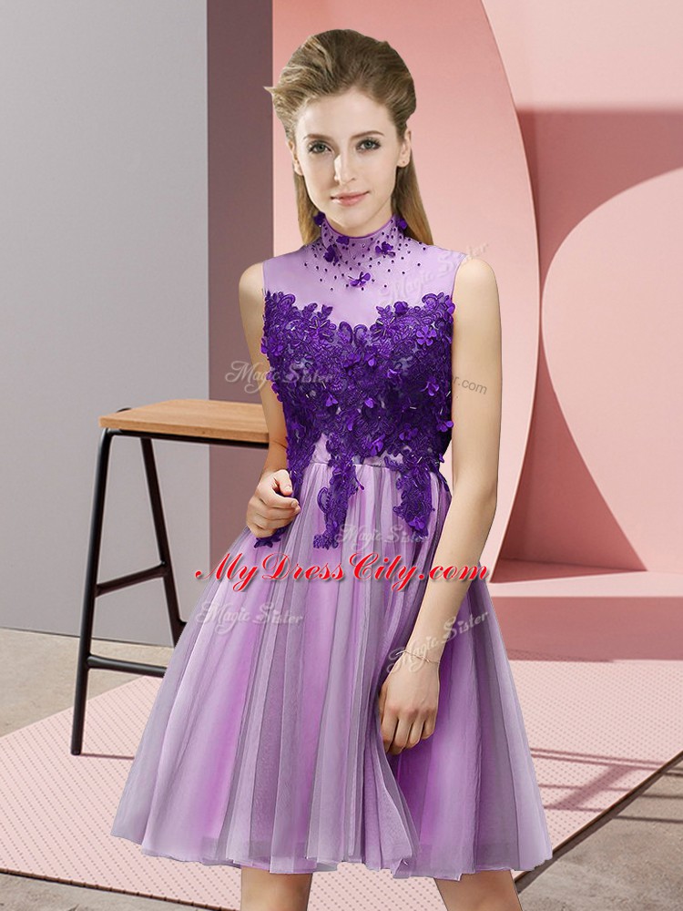 Extravagant Lilac Empire High-neck Sleeveless Tulle Knee Length Lace Up Appliques Wedding Guest Dresses