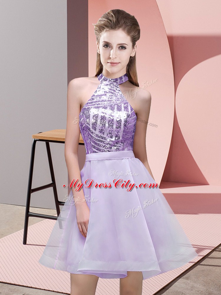 Fancy Lavender Chiffon Backless Bridesmaid Dress Sleeveless Mini Length Sequins