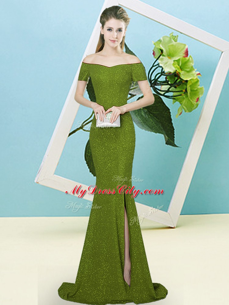 Olive Green Off The Shoulder Neckline Sequins Evening Dress Short Sleeves Zipper