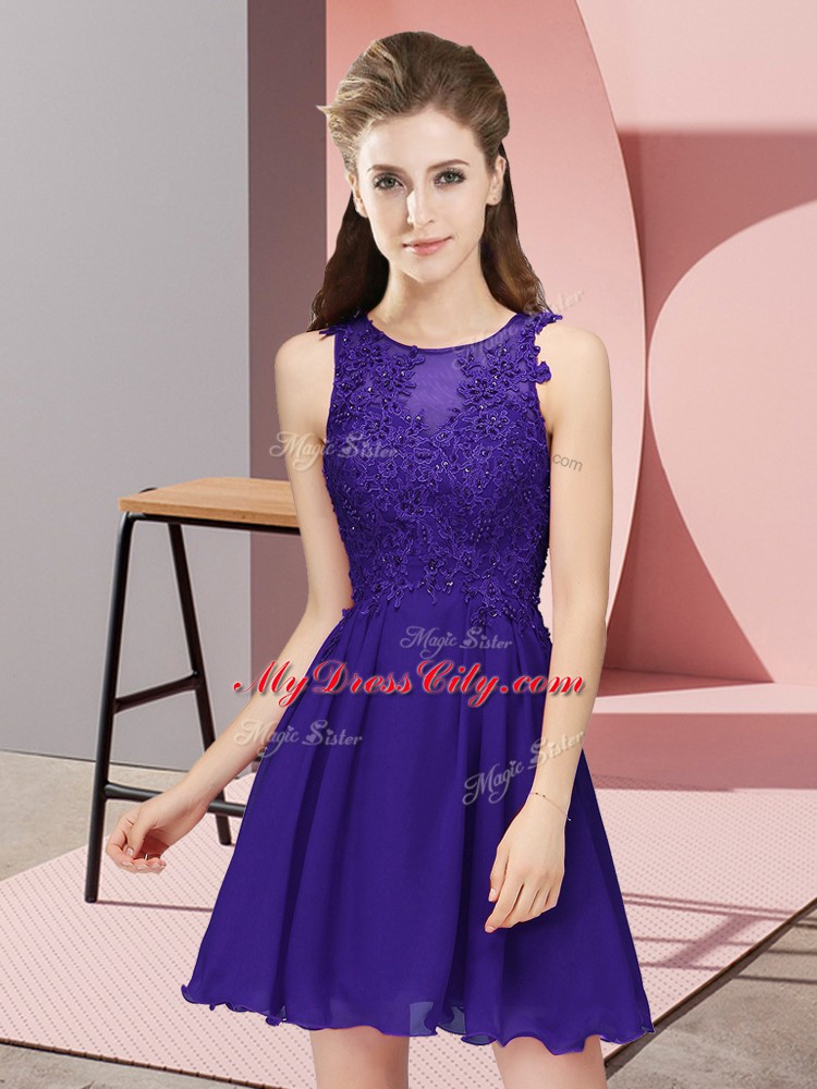Chic Purple Empire Chiffon Scoop Sleeveless Appliques Mini Length Zipper Bridesmaids Dress