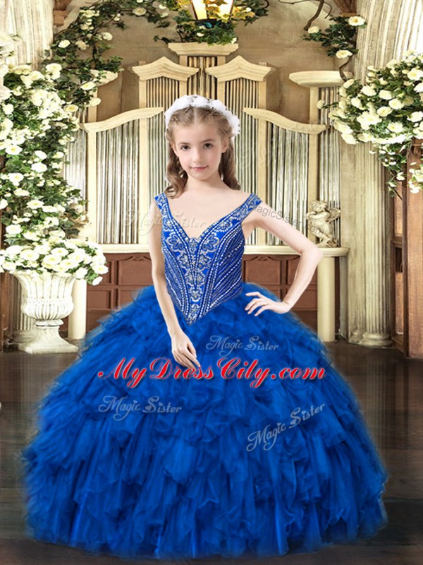 Most Popular Sleeveless Organza Floor Length Lace Up Little Girls Pageant Dress Wholesale in Royal Blue with Beading and Ruffles