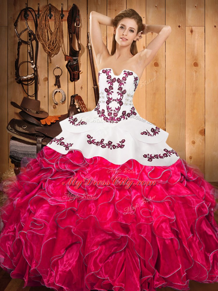 On Sale Hot Pink Sleeveless Embroidery and Ruffles Floor Length Quinceanera Gowns