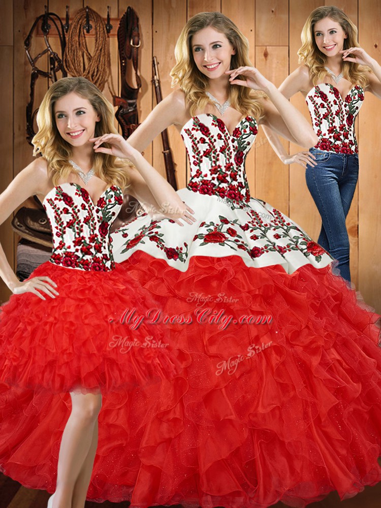 Edgy Red Lace Up Quinceanera Gown Embroidery and Ruffles Sleeveless Floor Length