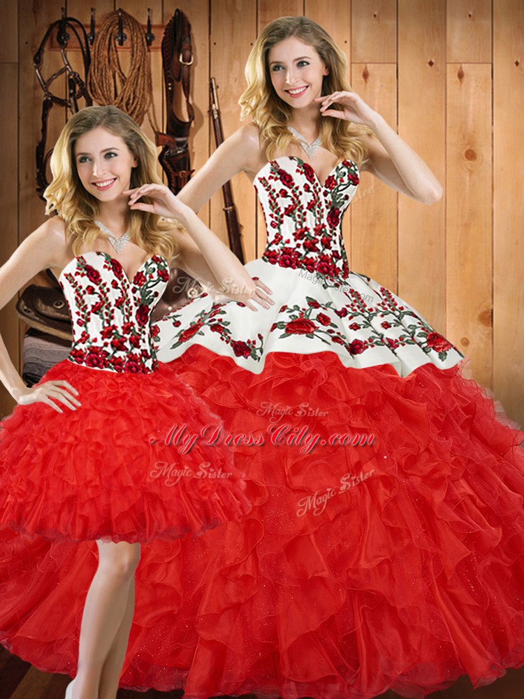 Edgy Red Lace Up Quinceanera Gown Embroidery and Ruffles Sleeveless Floor Length