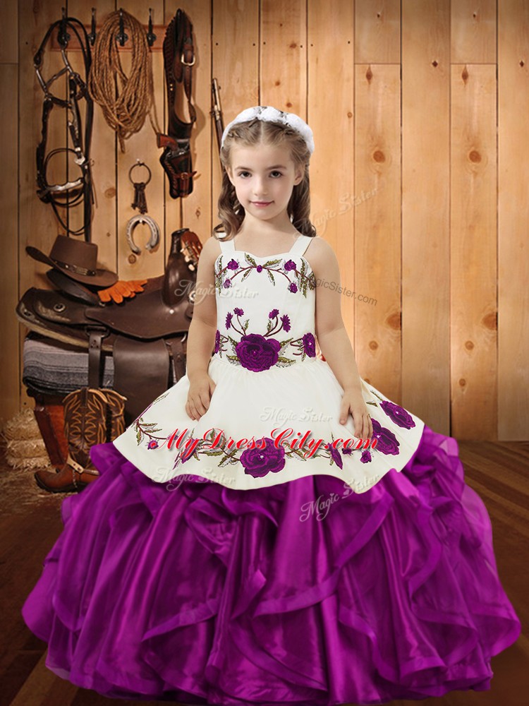 Fuchsia Ball Gowns Straps Sleeveless Organza Floor Length Lace Up Embroidery and Ruffles Girls Pageant Dresses