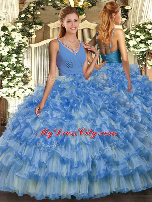 On Sale Blue Ball Gowns V-neck Sleeveless Organza Floor Length Backless Beading and Ruffled Layers Quinceanera Dress