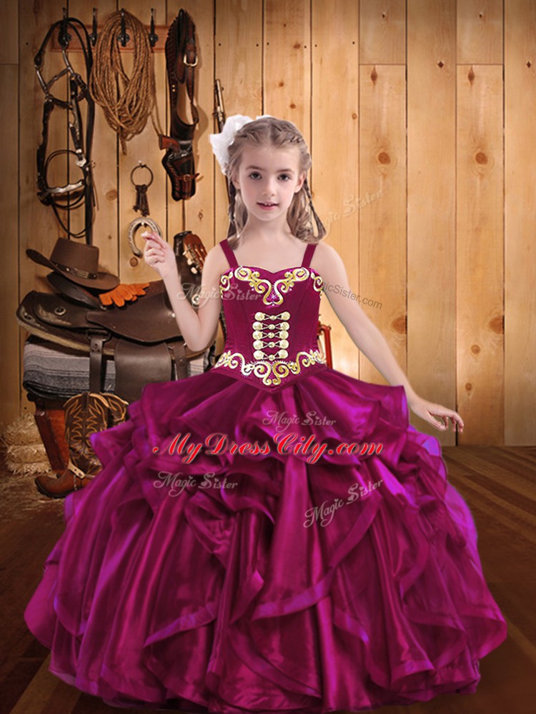 Fuchsia Pageant Dress Womens Sweet 16 and Quinceanera with Embroidery and Ruffles Straps Sleeveless Lace Up