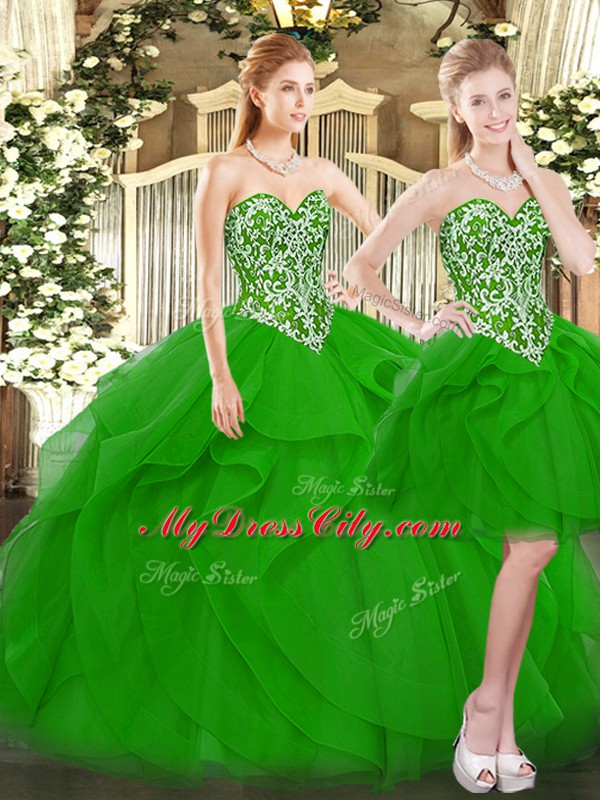 Green Ball Gowns Beading and Ruffles Quinceanera Dresses Lace Up Tulle Sleeveless Floor Length